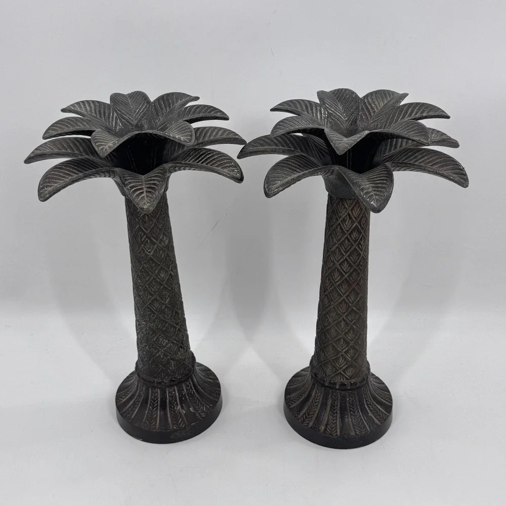 Vintage Iron Palm Tree Candle Holders Pair 15